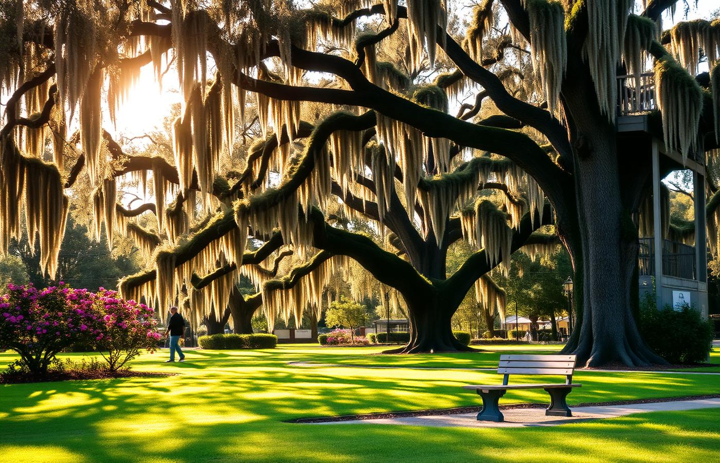 Live oaks draped in Spanish moss over a sunlit Summerville park